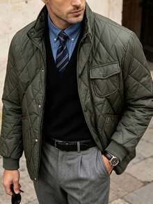 Men's Winter Fashion Long Sleeve Stand Collar Padded Jacket, Suitable For Daily Commute And Vacation - Green - View 11