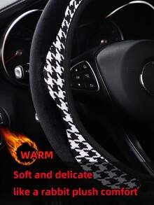 MEIKAXIU 1pc Winter Rabbit Fur Plush Soft Comfortable Non-Slip Car Steering Wheel Cover Without Inner Ring, Suitable For 15 Inch, Black & Red, Car Interior Accessory For Men & Women - Houndstooth Plush Style - View 3