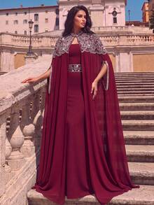 Elegant 2 Pieces Shawl And Dress Set, Rhinestone Embellished Neckline, Fitted Mermaid Silhouette, Suitable For Formal Evening Events, Photography, Red Carpet Occasions - Burgundy - View 5