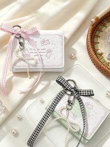 Cute Short Card Holder + Plaid Ribbon Pearl Bow Pendant, INS Style Bow Decor, Multi-Slot Fashion Trifold Wallet, Can Hang Phone And Keys, Commute, Office, Campus Daily, Travel Essential, Exquisite Girl Accessory, Minimalist Bow Design; Bus Card Holder, Bank Card Holder, Subway Card Storage, Portable, Back To School Dorm Essential; Suitable For Office Workers And Students, Perfect Gift; Back To School Season, Christmas, Halloween, Travel Essential - Multicolor - View 6