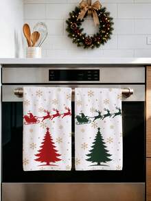 2pcs Gold Snowflake Christmas Tree Santa Claus Sleigh Reindeer Silhouette Pattern Kitchen Towels, 40*60cm Soft Microfiber Material Tea Towels, Suitable For Home Kitchen Restaurant Outdoor Camping Tabletop Cleaning Dish Cloth Hand Towel Accessories, Christmas Theme Kitchen Fabric Towels Holiday Gift - Multicolor - View 7