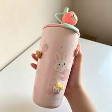 QWE Stainless Steel Straw Insulated Cup 650ML PP Lid Straw Cartoon 3D Character Highly Attractive Office Coffee Travel Mug - Baby Pink - View 8