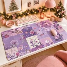 1pc Purple Patchwork Floral Butterfly Desk Mat, Multi-Purpose Makeup Nail Art Table Pad, Large Non Slip Desktop Protector S/M/L/XL - View 1
