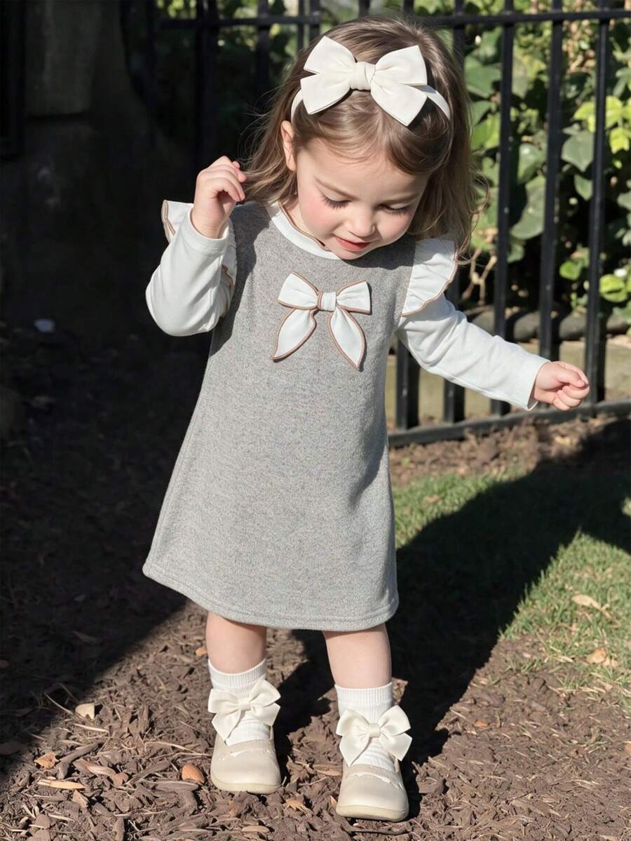 1pc Baby Girl Gentle Minimalist Bow Flutter Sleeve Stand Collar Straight Long Sleeve Dress, Thin For Spring And Autumn - Grey - View 1