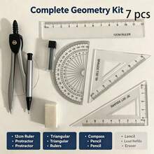 7-Piece Drawing Tool Set (Includes Compass, Protractor, Ruler, Triangle Ruler And Writing Tools) - Math Tools, Suitable For Students, Teachers, Engineers, Architects, Suitable For Home, School, Office Use, Practical Stationery For Back To School Season, Students, Teachers, Classrooms, Offices, Homes, Suitable For Back To School Season, Back To School Gifts, National Day, Halloween, Weddings, Birthday Parties, Christmas, Graduation Season, Mother's Day, Easter, Back To School Season, Back To School - Drawing Tool Set - View 2