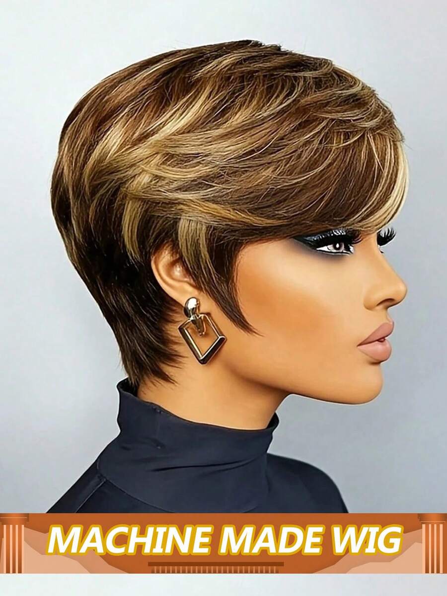 4/27 Wig Potongan Pixie Pendek Warna Cokelat Campuran dengan Highlight Pirang dengan Poni Samping, Rambut Manusia, Tanpa Lem, Wig Rambut Manusia Ramah untuk Pemula, Gaya Rambut Lurus, Wig Buatan Mesin Sepenuhnya - S4/27 - View 1