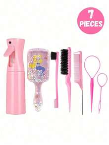 7pcs/1set Kids Cute Cartoon Square Comb & Spray Bottle Set, Cartoon Eiffel Tower Print Anti-Static Plastic Comb, Portable Pattern Hair Pin, High-Pressure Mist Spray Bottle, Suitable For Children, Normal Hair, Durable ABS Handle, Cute Square Design, Hair Styling Tool Set - Multicolor - View 8