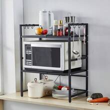 3-Tier Extendable Microwave Oven Rack, Kitchen Countertop Storage Organizer With 6 Hooks, Free Standing Adjustable Spice Rack For Kitchen, Heavy Duty Microwave Stand Baker's Rack Pot & Pan Rack - Black - View 4