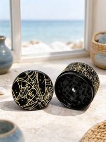 1PC New Black Base Gold Pattern Spider Web Metal Grinder, 50MM 4-Layer Structure With Mesh Screen Storage Chamber, Gothic Style Embossed Print Herb Grinder, Tobacco Grinder, Smoking Accessories - View 1