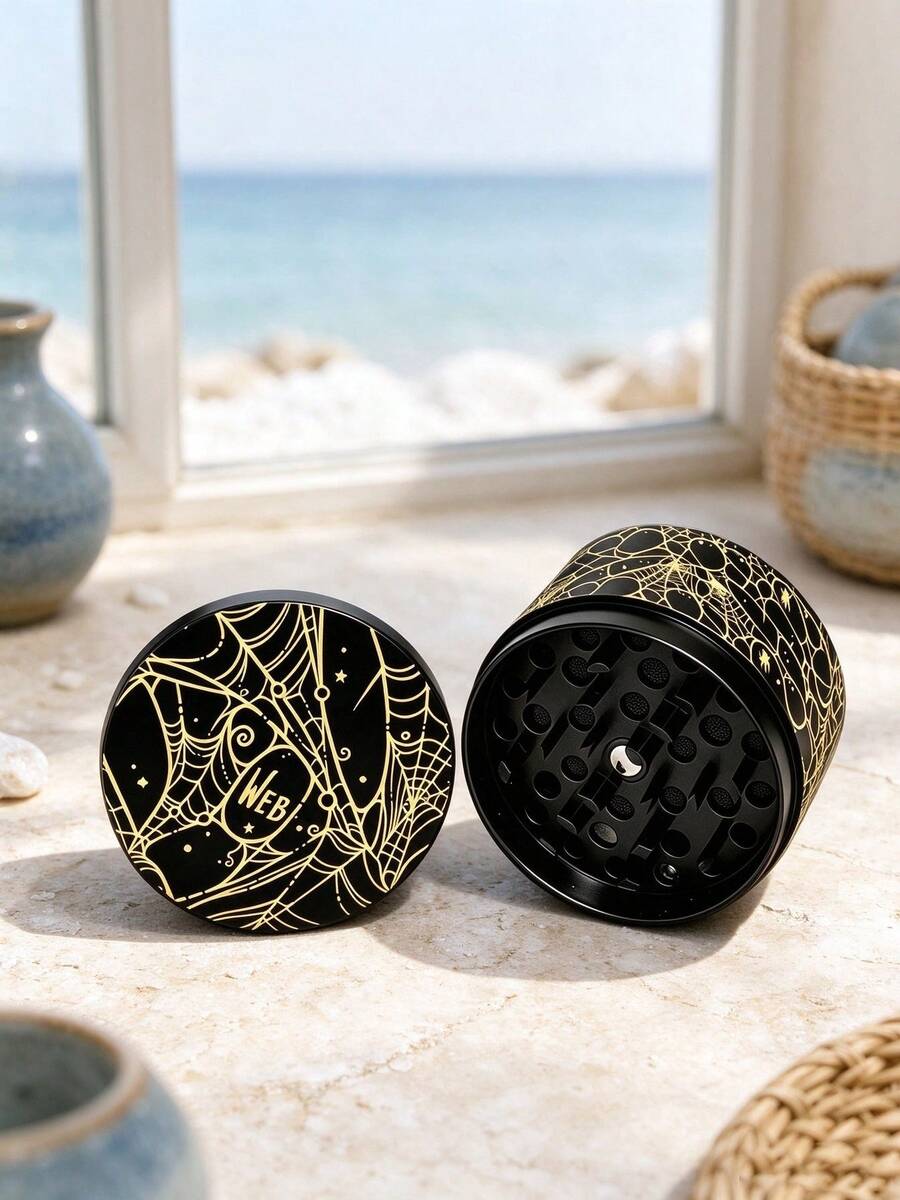 1PC New Black Base Gold Pattern Spider Web Metal Grinder, 50MM 4-Layer Structure With Mesh Screen Storage Chamber, Gothic Style Embossed Print Herb Grinder, Tobacco Grinder, Smoking Accessories - View 1