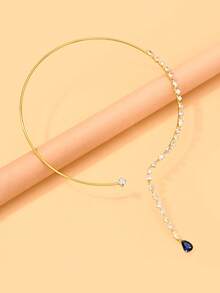 outingfit 1pc Elegant Rhinestone Open Collar Necklace, Blue Teardrop Pendant Women's Neck Accessory, Suitable For Wedding, Party And Evening Banquet - Water Drop - View 4