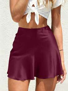 Women's Classic Soft Silky Satin High Waist Invisible Stretch Mini Skirt, Elegant A-Line Skirt For Party & Holiday, Summer, Night Out - Purple - View 7