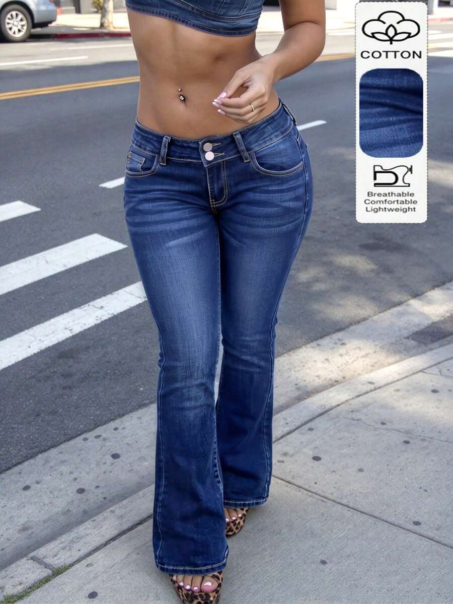 時尚優雅極簡女款牛仔設計雙排扣修身喇叭牛仔褲 - 深色水洗藍 - 查看 1