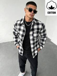 WAIT HIM Men's Casual Patchwork Plaid Long Sleeve Shirt, Christmas Gift - Black and White - View 2