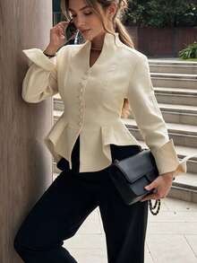 Unadoll Women's Autumn Elegant Stand Collar Single-Breasted Ruffle Trim Blazer, Long Flare Sleeve Slim Fit Formal Jacket, Suitable For Office, Daily And Outings - Off White - View 11