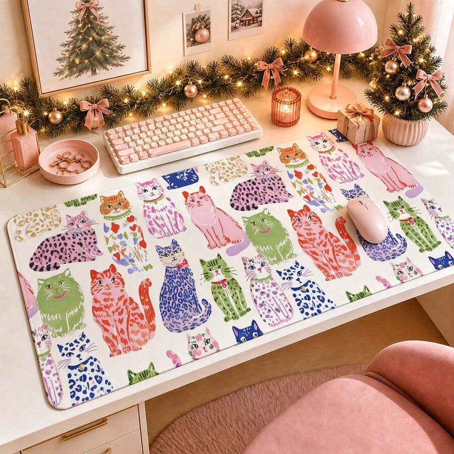 1pc Colorful Hand Drawn Cute Cat Desk Mat, Multi-Purpose Makeup Nail Art Table Pad, Large Non Slip Desktop Protector S/M/L/XL - View 1
