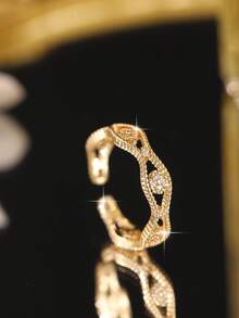 1pc Luxury Double Line Floral Cubic Zirconia Open Women's Ring, Fashion Exquisite Hollow Adjustable Ring For Party Wedding Daily Gift Accessories - Gold - View 9