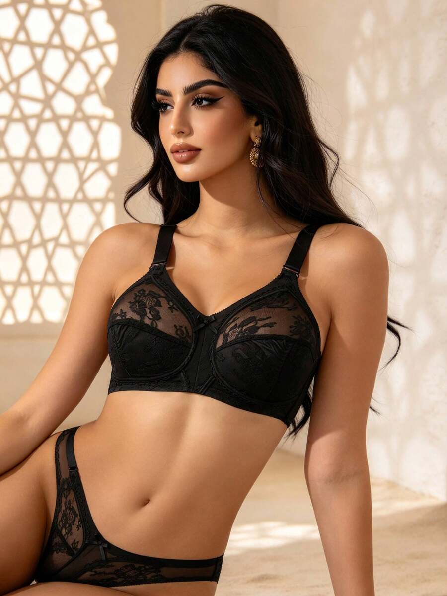 Temptuelle 1pc Women Solid Full Cup Sexy Lace Wire-Free Gather Breathable Thin Lingerie Bra