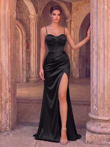 Ruched Bust Backless Tie-Up Slit Thigh Satin Spaghetti Strap Evening Dress - Black - View 6