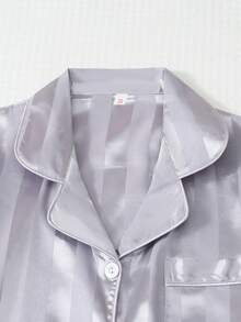 2pcs Satin Striped Pajama Set, Sweet And Cute Lapel Button Long Sleeve Top And Pants, Women's Sleepwear And Loungewear For Home Use - Grey - View 4