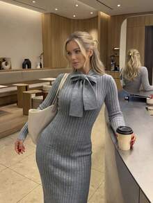 Women's Autumn Set: Gray Long Sleeve Slim Fit Knit Dress, Tie Neck, Fashionable And Elegant, Suitable For Parties And Outings - Grey - View 9