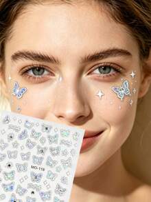 1pc Autumn/Winter New Iridescent Butterfly Face Sticker Rhinestone, Suitable For Creating Luxury Atmosphere Makeup Decoration, Applicable For Attending Festival Parties And Music Gatherings, Self-Adhesive - Multicolor - View 1