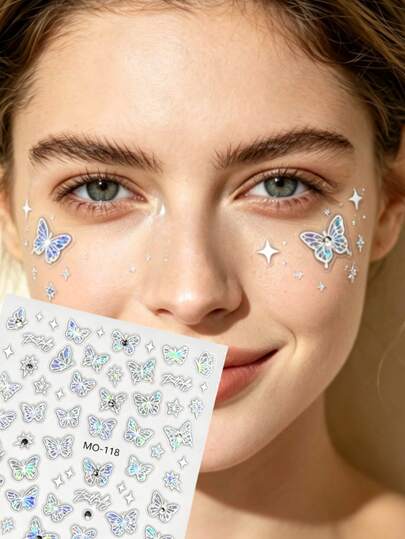 1pc Autumn/Winter New Iridescent Butterfly Face Sticker Rhinestone, Suitable For Creating Luxury Atmosphere Makeup Decoration, Applicable For Attending Festival Parties And Music Gatherings, Self-Adhesive