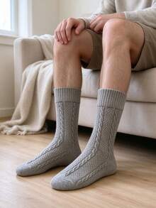 Japanese Style Textured Cable Knit Mid-Calf Socks, Soft Breathable Solid Color Vintage Casual Versatile Cotton Socks For Men - Multicolor - View 3