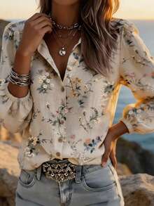 Women's Elegant Apricot Ditsy Floral Open Front Blouse, Lightweight Linen Printed Shirt, Lantern Sleeve Loose Casual Top, Breathable Flowy Blouse, Suitable For Daily Wear, Vacation, Yoga, Outdoor Activities, Spring Summer Autumn Fashion Women's Shirt - Apricot - View 6