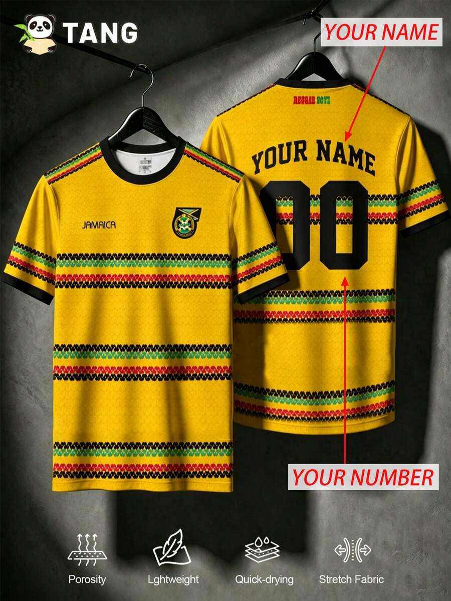 Jamaica Style Customized Men's Soccer Jersey & Customizable Name & Number & Round Neck Soft Lightweight Sports Top & Yellow Summer