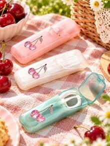 Cartoon Sweet Pink Cherry Print Storage Box, Portable Toothpick Storage Box, Multi-Functional Floss Toothpick Organizer Travel Pill Box, Multi-Functional Toothpick Box, Portable Floss Box, Cute Fruit Pattern Design, Leak-Proof Lid, Suitable For Travel, Vacation, Back To School, Dorm, Gift For Her, Teacher's Day Gift, Mother's Day Gift, Back To School Season, Christmas - Multicolor - View 2
