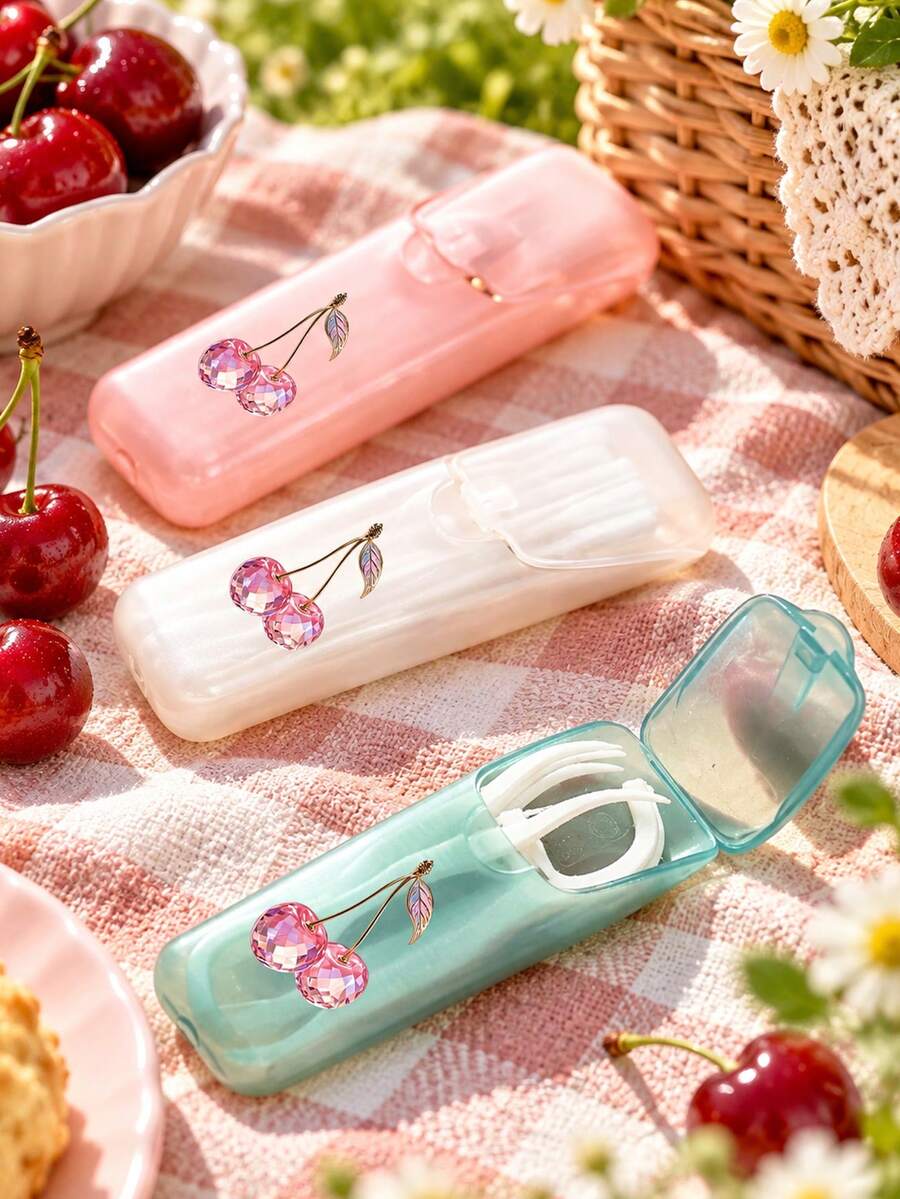 Cartoon Sweet Pink Cherry Print Storage Box, Portable Toothpick Storage Box, Multi-Functional Floss Toothpick Organizer Travel Pill Box, Multi-Functional Toothpick Box, Portable Floss Box, Cute Fruit Pattern Design, Leak-Proof Lid, Suitable For Travel, Vacation, Back To School, Dorm, Gift For Her, Teacher's Day Gift, Mother's Day Gift, Back To School Season, Christmas