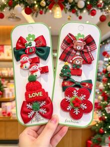 5pcs/Pack New Christmas Bow Hair Clips, Fully Covered Fabric Hair Clips, Deer & Snowflake Alligator Hair Clip Set, Christmas Essential - Multicolor - View 2