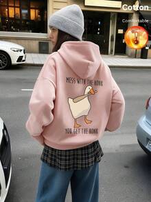 Höst/vinter dam hoodie i fleece med ankmönster och engelsk text Y2K - Sandröd - Visa 5
