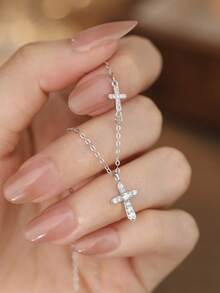 1pc Niche Creative Super Shiny Double Cross Necklace, Suitable For Women's Daily And Party Wear - Silver - View 4