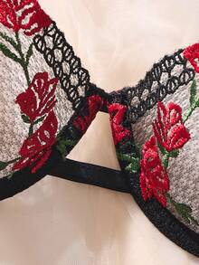 1 Set 2pcs Rose Embroidered 3D Flower Daily Bra Set, Comfortable Home Wear Valentine's Day Lingerie - Black - View 3