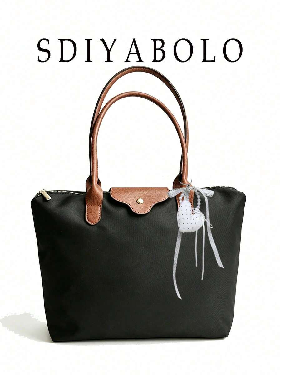 Large Capacity Women's Fashion Nylon Canvas Tote Bag, Mom Commuter Shoulder Bag - Black - View 1