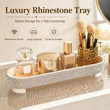 Luxury Sparkling Rhinestone Oval Tray, Cosmetic Storage Tray, Hair Accessories, Nail Art Accessories Storage, Dorm Room Decor Desktop Storage Tray, Christmas Halloween Gift - Multicolor - View 2