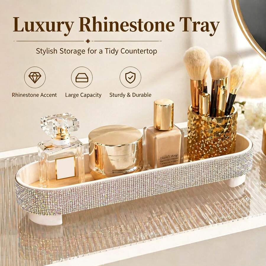Luxury Sparkling Rhinestone Oval Tray, Cosmetic Storage Tray, Hair Accessories, Nail Art Accessories Storage, Dorm Room Decor Desktop Storage Tray, Christmas Halloween Gift