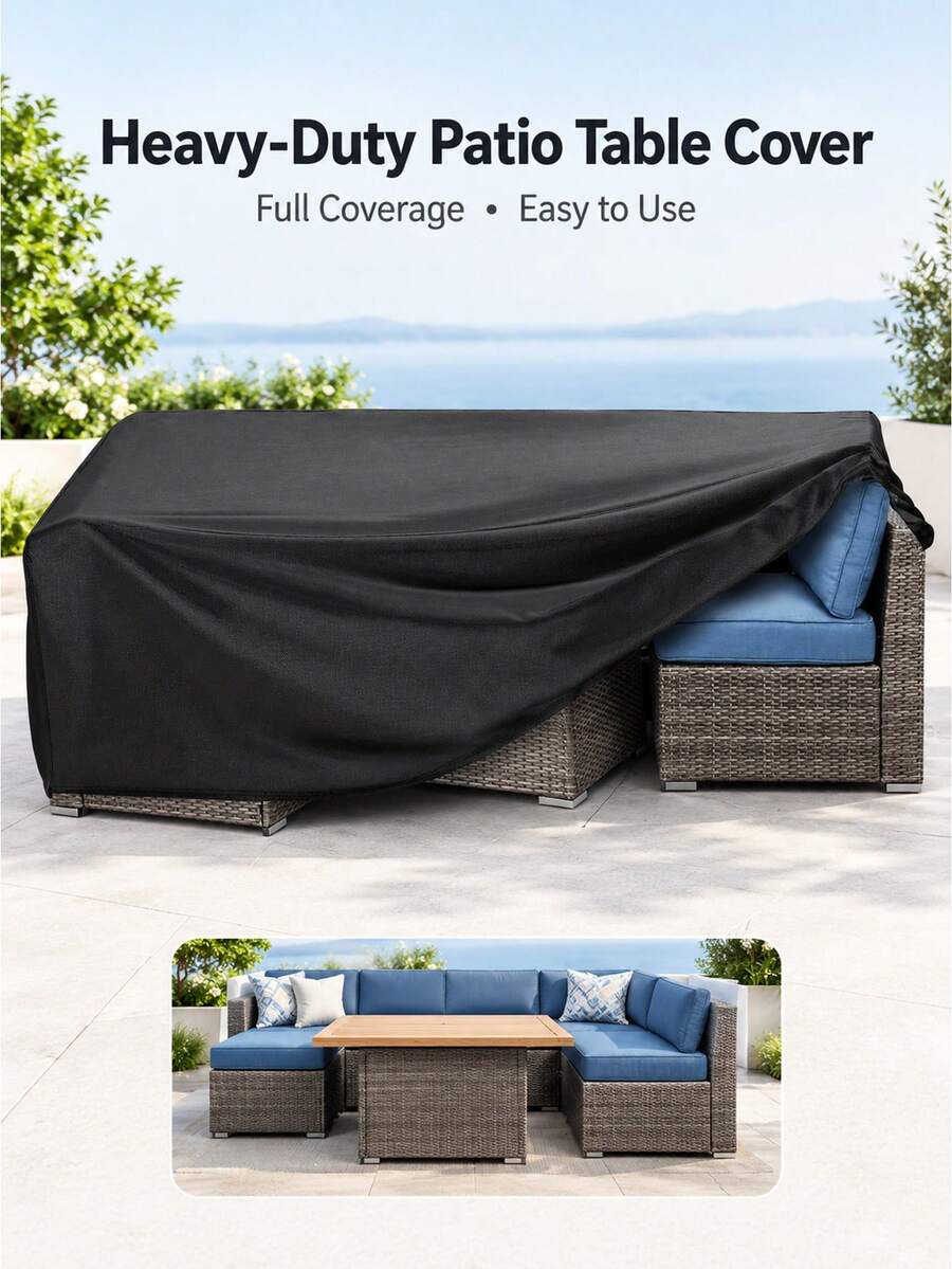 1pc 420D Heavy-Duty Patio Tablecloth, 72x47x29 Inch Rectangular Outdoor Table Cover With Adjustable Drawstring Closure, All-Season Black Fabric For Furniture, Picnic, Coffee Tables, Chairs & Sofas - Black - View 1