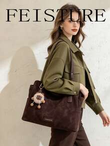 FEISTURE 1pc Women's Large Capacity Underarm Bag, Fashionable Shoulder Bag, (Excluding Pendant) Suitable For Girls, Women, College Students, New Professionals And White-Collar Workers, Perfect For Work, Business, Commuting, School - Coffee - View 2