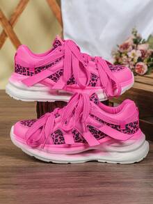 2026 New Women's Shoes: Pink Leopard Print Patchwork Chunky Heel Sandals, Neutral Style, Suitable For Daily Wear Or Sports - Hot Pink - View 6