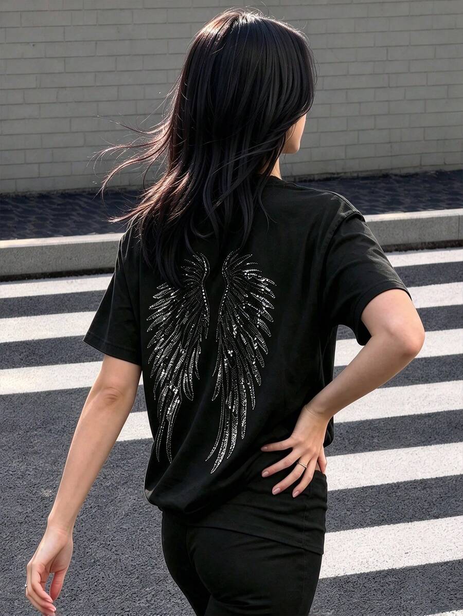 天使之翼亮片刺繡派對外穿女款Y2K夏季度假海灘休閒圓領短袖T恤黑色 - 黑色 - 查看 1