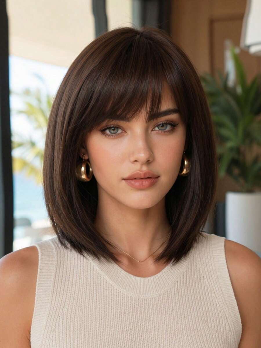 Topshe 12 Inch Short Layered Bob Synthetic Wig With Air Bangs, Suitable For Women's Daily Wear, Straight Natural Hairstyle, Dark Chestnut Brown/Yellow Brown, Heat Resistant And Styleable, Beginner-Friendly Wig - Multicolor - View 1