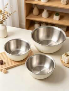 Cream White Stainless Steel Salad Bowl, Deep Cooking Basin, Thickened Mixing Bowl. Matte Cream White Exterior With Brushed Stainless Steel Interior, Rounded Rim For Handling. Large Capacity Deep Basin Design, Easy To Mix Salad Without Spilling, Also Suitable For Baking, Marinating, Fruit And Vegetable Washing. Sturdy And Durable Body, Smooth Interior, Easy To Clean With Water. Simple And Elegant Appearance, Perfect For Kitchen Prep Or Serving Light Meals Directly On The Table To Create A Fresh Dining Atmosphere. 1pc/3pcs - Cream - View 4