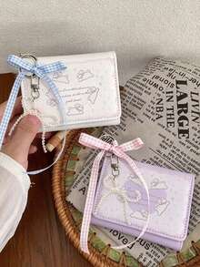 Cute Short Card Holder + Plaid Ribbon Pearl Bow Pendant, INS Style Bow Decor, Multi-Slot Fashion Trifold Wallet, Can Hang Phone And Keys, Commute, Office, Campus Daily, Travel Essential, Exquisite Girl Accessory, Minimalist Bow Design; Bus Card Holder, Bank Card Holder, Subway Card Storage, Portable, Back To School Dorm Essential; Suitable For Office Workers And Students, Perfect Gift; Back To School Season, Christmas, Halloween, Travel Essential - Multicolor - View 5