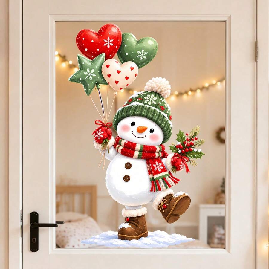 Christmas Snowman Window Stickers, Cute Snowman Balloon Static Cling Window Decals, No Glue Needed Holiday Glass Decoration, Suitable For Windows And Doors - Snowman Balloon - View 1