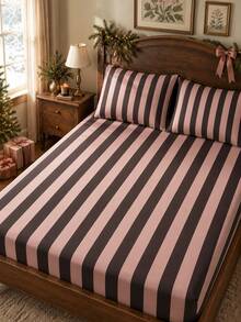 3pcs Pink & Black Vertical Striped Fitted Sheet Set, Vintage Minimalist Style Microfiber Material Rectangular Fitted Sheet, Elastic Full Wrap Design Anti-Slip & Non-Shift, Soft Skin-Friendly Breathable Wear-Resistant Bedding Set, Suitable For Daily Use, Autumn/Winter Home Decor, Christmas Atmosphere - Multicolor 1 - View 1