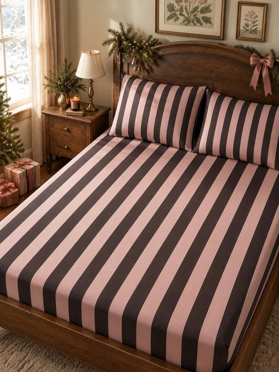 3pcs Pink & Black Vertical Striped Fitted Sheet Set, Vintage Minimalist Style Microfiber Material Rectangular Fitted Sheet, Elastic Full Wrap Design Anti-Slip & Non-Shift, Soft Skin-Friendly Breathable Wear-Resistant Bedding Set, Suitable For Daily Use, Autumn/Winter Home Decor, Christmas Atmosphere - Multicolor 1 - View 1