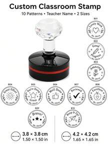 客製化教室自動印章 老師姓名印章 個性化橡皮章 用於評分工作表 學生獎勵回饋印章 10種圖案 可補墨 學校辦公用品 A尺寸 3.8x3.8cm B尺寸 4.2x4.2cm - 彩色 - 查看 2